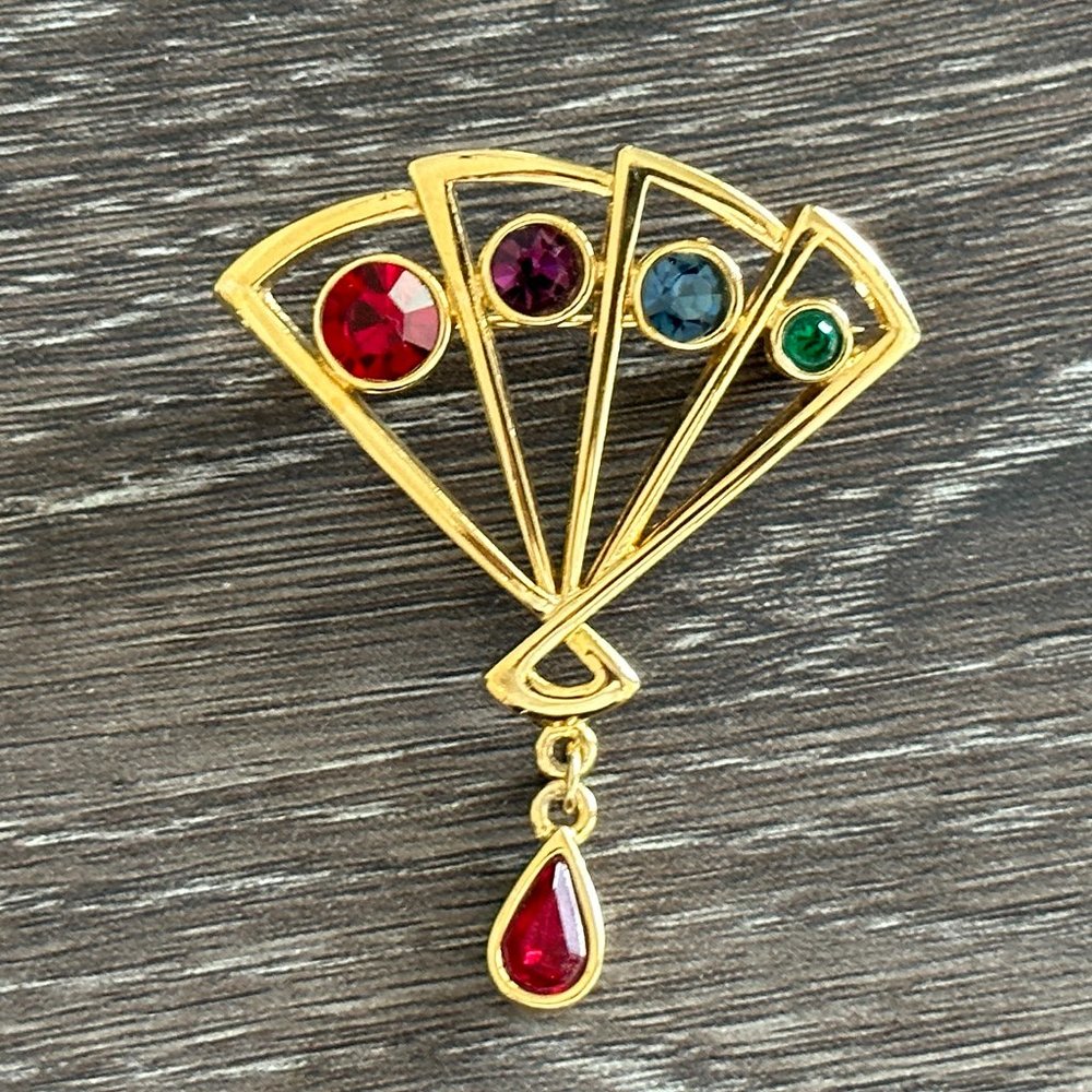 Lia Gorgeous Vintage Colorful Rhinestone Fan Brooch Gold Tone